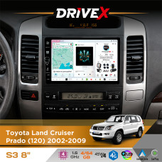Штатна магнітола для Toyota Land Cruiser Prado (120) 2002-2009 DriveX S3 QLED 8" з фізичними кнопками Android 8-ядерний 1.6ГГц 4x64Гб SIM-картка 3G/4G 7388 45W ASP TM2313 бездротовий CarPlay та AndroidAuto