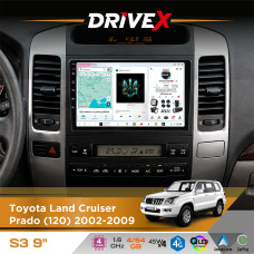 Штатна магнітола для Toyota Land Cruiser Prado (120) 2002-2009 DriveX S3 QLED 9" Android 8-ядерний 1.6ГГц 4x64Гб SIM-картка 3G/4G 7388 4x45W ASP TM2313 бездротовий CarPlay та AndroidAuto