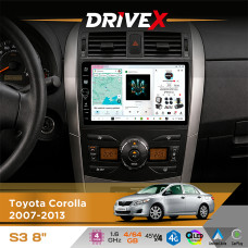 Штатна магнітола для Toyota Corolla 2007-2013 DriveX S3 QLED 8" з фізичними кнопками Android 8-ядерний 1.6ГГц 4x64Гб SIM-картка 3G/4G 7388 45W ASP TM2313 бездротовий CarPlay та AndroidAuto