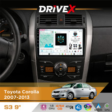 Штатна магнітола для Toyota Corolla 2007-2013 DriveX S3 QLED 9" Android 8-ядерний 1.6ГГц 4x64Гб SIM-картка 3G/4G 7388 4x45W ASP TM2313 бездротовий CarPlay та AndroidAuto