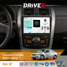 Штатна магнітола для Toyota Corolla 2007-2013 DriveX S4 QLED 9" Android 8-ядерний 1.6ГГц 4x64Гб SIM-картка 3G/4G TDA7851 4x50W DSP AK7604 бездротовий CarPlay та AndroidAuto