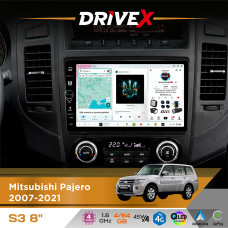 Штатна магнітола для Mitsubishi Pajero 2007-2021 DriveX S3 QLED 8" з фізичними кнопками Android 8-ядерний 1.6ГГц 4x64Гб SIM-картка 3G/4G 7388 45W ASP TM2313 бездротовий CarPlay та AndroidAuto