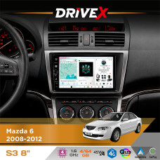 Штатна магнітола для Mazda 6 2008-2012 DriveX S3 QLED 8" з фізичними кнопками Android 8-ядерний 1.6ГГц 4x64Гб SIM-картка 3G/4G 7388 45W ASP TM2313 бездротовий CarPlay та AndroidAuto