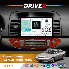 Штатна магнітола для Toyota Camry (ACV30) 2001-2006 DriveX S3 QLED 8" з фізичними кнопками Android 8-ядерний 1.6ГГц 4x64Гб SIM-картка 3G/4G 7388 45W ASP TM2313 бездротовий CarPlay та AndroidAuto