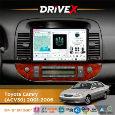 Штатна магнітола для Toyota Camry (ACV30) 2001-2006 DriveX S7+ 2K QLED 9" Android 8-ядерний 2.7ГГц 8x128Гб SIM-картка 3G/4G AK7808 AB 4x50W 360° DSP AK7739 VELVET бездротовий CarPlay та AndroidAuto
