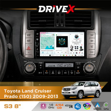 Штатна магнітола для Toyota Land Cruiser Prado (150) 2009-2013 DriveX S3 QLED 8" з фізичними кнопками Android 8-ядерний 1.6ГГц 4x64Гб SIM-картка 3G/4G 7388 45W ASP TM2313 бездротовий CarPlay та AndroidAuto