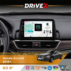 Штатна магнітола для Honda Accord 2018+ DriveX S3 QLED 8" з фізичними кнопками Android 8-ядерний 1.6ГГц 4x64Гб SIM-картка 3G/4G 7388 45W ASP TM2313 бездротовий CarPlay та AndroidAuto