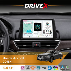Штатна магнітола для Honda Accord 2018+ DriveX S4 QLED 9" Android 8-ядерний 1.6ГГц 4x64Гб SIM-картка 3G/4G TDA7851 4x50W DSP AK7604 бездротовий CarPlay та AndroidAuto