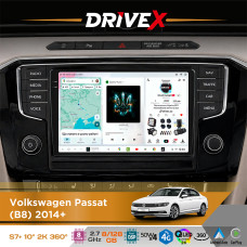 Штатна магнітола для Volkswagen Passat (B8) 2014+ DriveX S7+ 2K QLED 10" Android 8-ядерний 2.7ГГц 8x128Гб SIM-картка 3G/4G AK7808 AB 4x50W 360° DSP AK7739 VELVET бездротовий CarPlay та AndroidAuto