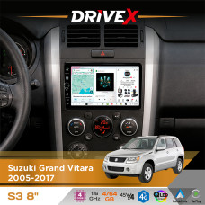 Штатна магнітола для Suzuki Grand Vitara 2005-2017 DriveX S3 QLED 8" з фізичними кнопками Android 8-ядерний 1.6ГГц 4x64Гб SIM-картка 3G/4G 7388 45W ASP TM2313 бездротовий CarPlay та AndroidAuto
