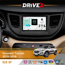 Штатна магнітола для Hyundai Tucson 2015-2018 DriveX S3 QLED 9" Android 8-ядерний 1.6ГГц 4x64Гб SIM-картка 3G/4G 7388 4x45W ASP TM2313 бездротовий CarPlay та AndroidAuto