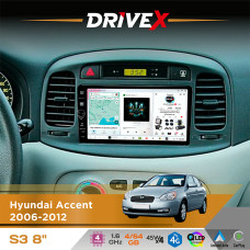 Штатна магнітола для Hyundai Verna 2006-2009 DriveX S3 QLED 8" з фізичними кнопками Android 8-ядерний 1.6ГГц 4x64Гб SIM-картка 3G/4G 7388 45W ASP TM2313 бездротовий CarPlay та AndroidAuto