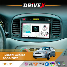 Штатна магнітола для Hyundai Verna 2006-2009 DriveX S3 QLED 9" Android 8-ядерний 1.6ГГц 4x64Гб SIM-картка 3G/4G 7388 4x45W ASP TM2313 бездротовий CarPlay та AndroidAuto