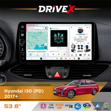 Штатна магнітола для Hyundai i30 (PD) 2017+ DriveX S3 QLED 8" з фізичними кнопками Android 8-ядерний 1.6ГГц 4x64Гб SIM-картка 3G/4G 7388 45W ASP TM2313 бездротовий CarPlay та AndroidAuto