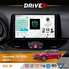 Штатна магнітола для Hyundai i30 (PD) 2017+ DriveX S3 QLED 9" Android 8-ядерний 1.6ГГц 4x64Гб SIM-картка 3G/4G 7388 4x45W ASP TM2313 бездротовий CarPlay та AndroidAuto