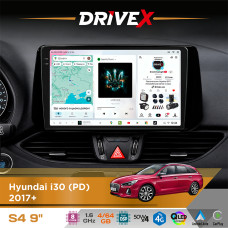 Штатна магнітола для Hyundai i30 (PD) 2017+ DriveX S4 QLED 9" Android 8-ядерний 1.6ГГц 4x64Гб SIM-картка 3G/4G TDA7851 4x50W DSP AK7604 бездротовий CarPlay та AndroidAuto