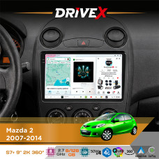 Штатна магнітола для Mazda 2 2007-2014 DriveX S7+ 2K QLED 9" Android 8-ядерний 2.7ГГц 8x128Гб SIM-картка 3G/4G AK7808 AB 4x50W 360° DSP AK7739 VELVET бездротовий CarPlay та AndroidAuto