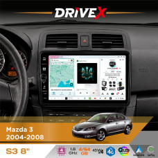 Штатна магнітола для Mazda 3 2004-2008 DriveX S3 QLED 8" з фізичними кнопками Android 8-ядерний 1.6ГГц 4x64Гб SIM-картка 3G/4G 7388 45W ASP TM2313 бездротовий CarPlay та AndroidAuto