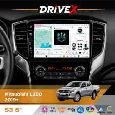 Штатна магнітола для Mitsubishi Triton 2019+ DriveX S3 QLED 8" з фізичними кнопками Android 8-ядерний 1.6ГГц 4x64Гб SIM-картка 3G/4G 7388 45W ASP TM2313 бездротовий CarPlay та AndroidAuto
