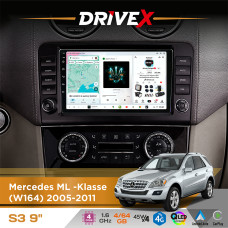 Штатна магнітола для Mercedes ML -Klasse (W164) 2005-2011 DriveX S3 QLED 9" Android 8-ядерний 1.6ГГц 4x64Гб SIM-картка 3G/4G 7388 4x45W ASP TM2313 бездротовий CarPlay та AndroidAuto