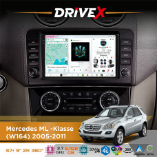 Штатна магнітола для Mercedes ML -Klasse (W164) 2005-2011 DriveX S7+ 2K QLED 9" Android 8-ядерний 2.7ГГц 8x128Гб SIM-картка 3G/4G AK7808 AB 4x50W 360° DSP AK7739 VELVET бездротовий CarPlay та AndroidAuto
