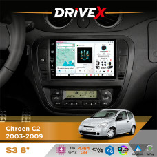 Штатна магнітола для Citroen C3 2001-2009 DriveX S3 QLED 8" з фізичними кнопками Android 8-ядерний 1.6ГГц 4x64Гб SIM-картка 3G/4G 7388 45W ASP TM2313 бездротовий CarPlay та AndroidAuto