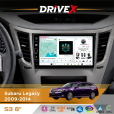 Штатна магнітола для Subaru Legacy 2009-2014 DriveX S3 QLED 8" з фізичними кнопками Android 8-ядерний 1.6ГГц 4x64Гб SIM-картка 3G/4G 7388 45W ASP TM2313 бездротовий CarPlay та AndroidAuto