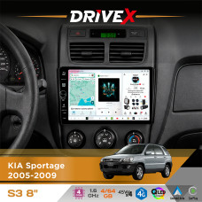 Штатна магнітола для KIA Sportage 2005-2009 DriveX S3 QLED 8" з фізичними кнопками Android 8-ядерний 1.6ГГц 4x64Гб SIM-картка 3G/4G 7388 45W ASP TM2313 бездротовий CarPlay та AndroidAuto