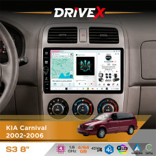 Штатна магнітола для KIA Sedona 2002-2006 DriveX S3 QLED 8" з фізичними кнопками Android 8-ядерний 1.6ГГц 4x64Гб SIM-картка 3G/4G 7388 45W ASP TM2313 бездротовий CarPlay та AndroidAuto