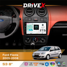 Штатна магнітола для Ford Fiesta 2005-2008 DriveX S3 QLED 8" з фізичними кнопками Android 8-ядерний 1.6ГГц 4x64Гб SIM-картка 3G/4G 7388 45W ASP TM2313 бездротовий CarPlay та AndroidAuto