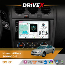 Штатна магнітола для Nissan Altima 2006-2012 DriveX S3 QLED 8" з фізичними кнопками Android 8-ядерний 1.6ГГц 4x64Гб SIM-картка 3G/4G 7388 45W ASP TM2313 бездротовий CarPlay та AndroidAuto