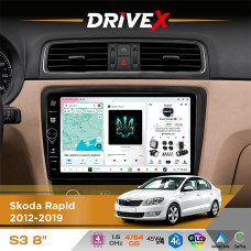 Штатна магнітола для Skoda Rapid 2012-2019 DriveX S3 QLED 8" з фізичними кнопками Android 8-ядерний 1.6ГГц 4x64Гб SIM-картка 3G/4G 7388 45W ASP TM2313 бездротовий CarPlay та AndroidAuto