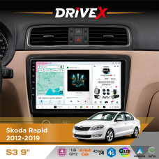 Штатна магнітола для Skoda Rapid 2012-2019 DriveX S3 QLED 9" Android 8-ядерний 1.6ГГц 4x64Гб SIM-картка 3G/4G 7388 4x45W ASP TM2313 бездротовий CarPlay та AndroidAuto