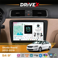 Штатна магнітола для Skoda Rapid 2012-2019 DriveX S4 QLED 9" Android 8-ядерний 1.6ГГц 4x64Гб SIM-картка 3G/4G TDA7851 4x50W DSP AK7604 бездротовий CarPlay та AndroidAuto