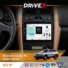Штатна магнітола для Hyundai Santa Fe 2000-2006 DriveX S3 QLED 8" з фізичними кнопками Android 8-ядерний 1.6ГГц 4x64Гб SIM-картка 3G/4G 7388 45W ASP TM2313 бездротовий CarPlay та AndroidAuto