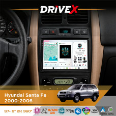 Штатна магнітола для Hyundai Santa Fe 2000-2006 DriveX S7+ 2K QLED 9" Android 8-ядерний 2.7ГГц 8x128Гб SIM-картка 3G/4G AK7808 AB 4x50W 360° DSP AK7739 VELVET бездротовий CarPlay та AndroidAuto
