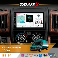 Штатна магнітола для Citroen Jumper 2006+ DriveX S3 QLED 8" з фізичними кнопками Android 8-ядерний 1.6ГГц 4x64Гб SIM-картка 3G/4G 7388 45W ASP TM2313 бездротовий CarPlay та AndroidAuto
