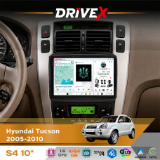 Штатна магнітола для Hyundai Tucson 2005-2010 DriveX S4 QLED 10" Android 8-ядерний 1.6ГГц 4x64Гб SIM-картка 3G/4G TDA7851 4x50W DSP AK7604 бездротовий CarPlay та AndroidAuto