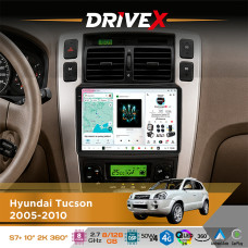 Штатна магнітола для Hyundai Tucson 2005-2010 DriveX S7+ 2K QLED 10" Android 8-ядерний 2.7ГГц 8x128Гб SIM-картка 3G/4G AK7808 AB 4x50W 360° DSP AK7739 VELVET бездротовий CarPlay та AndroidAuto