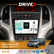 Штатна магнітола для Opel Astra (J) 2009-2017 DriveX S3 QLED 8" з фізичними кнопками Android 8-ядерний 1.6ГГц 4x64Гб SIM-картка 3G/4G 7388 45W ASP TM2313 бездротовий CarPlay та AndroidAuto