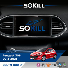 Штатна магнітола для Peugeot 308 2013-2021 SoKill DELTA-900 9" Android 4-ядерний 2+64Гб 4x45W бездротовий CarPlay та AndroidAuto
