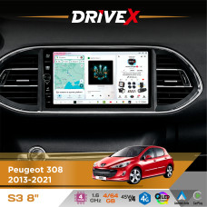 Штатна магнітола для Peugeot 308 2013-2021 DriveX S3 QLED 8" з фізичними кнопками Android 8-ядерний 1.6ГГц 4x64Гб SIM-картка 3G/4G 7388 45W ASP TM2313 бездротовий CarPlay та AndroidAuto
