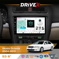 Штатна магнітола для Skoda Yeti 2009-2017 DriveX S3 QLED 8" з фізичними кнопками Android 8-ядерний 1.6ГГц 4x64Гб SIM-картка 3G/4G 7388 45W ASP TM2313 бездротовий CarPlay та AndroidAuto