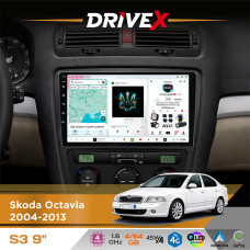 Штатна магнітола для Skoda Octavia 2004-2013 DriveX S3 QLED 9" Android 8-ядерний 1.6ГГц 4x64Гб SIM-картка 3G/4G 7388 4x45W ASP TM2313 бездротовий CarPlay та AndroidAuto
