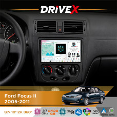 Штатна магнітола для Ford Focus II 2005-2011 DriveX S7+ 2K QLED 10" Android 8-ядерний 2.7ГГц 8x128Гб SIM-картка 3G/4G AK7808 AB 4x50W 360° DSP AK7739 VELVET бездротовий CarPlay та AndroidAuto