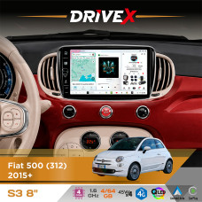 Штатна магнітола для Fiat 500 (312) 2015+ DriveX S3 QLED 8" з фізичними кнопками Android 8-ядерний 1.6ГГц 4x64Гб SIM-картка 3G/4G 7388 45W ASP TM2313 бездротовий CarPlay та AndroidAuto