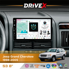 Штатна магнітола для Jeep Grand Cherokee 1998-2005 DriveX S3 QLED 8" з фізичними кнопками Android 8-ядерний 1.6ГГц 4x64Гб SIM-картка 3G/4G 7388 45W ASP TM2313 бездротовий CarPlay та AndroidAuto