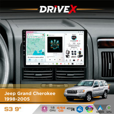 Штатна магнітола для Jeep Grand Cherokee 1998-2005 DriveX S3 QLED 9" Android 8-ядерний 1.6ГГц 4x64Гб SIM-картка 3G/4G 7388 4x45W ASP TM2313 бездротовий CarPlay та AndroidAuto