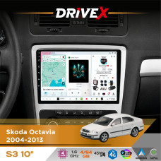 Штатна магнітола для Skoda Octavia 2004-2013 DriveX S3 QLED 10" Android 8-ядерний 1.6ГГц 4x64Гб SIM-картка 3G/4G 7388 4x45W ASP TM2313 бездротовий CarPlay та AndroidAuto