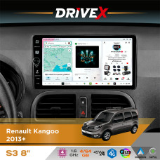 Штатна магнітола для Renault Kangoo 2013+ DriveX S3 QLED 8" з фізичними кнопками Android 8-ядерний 1.6ГГц 4x64Гб SIM-картка 3G/4G 7388 45W ASP TM2313 бездротовий CarPlay та AndroidAuto